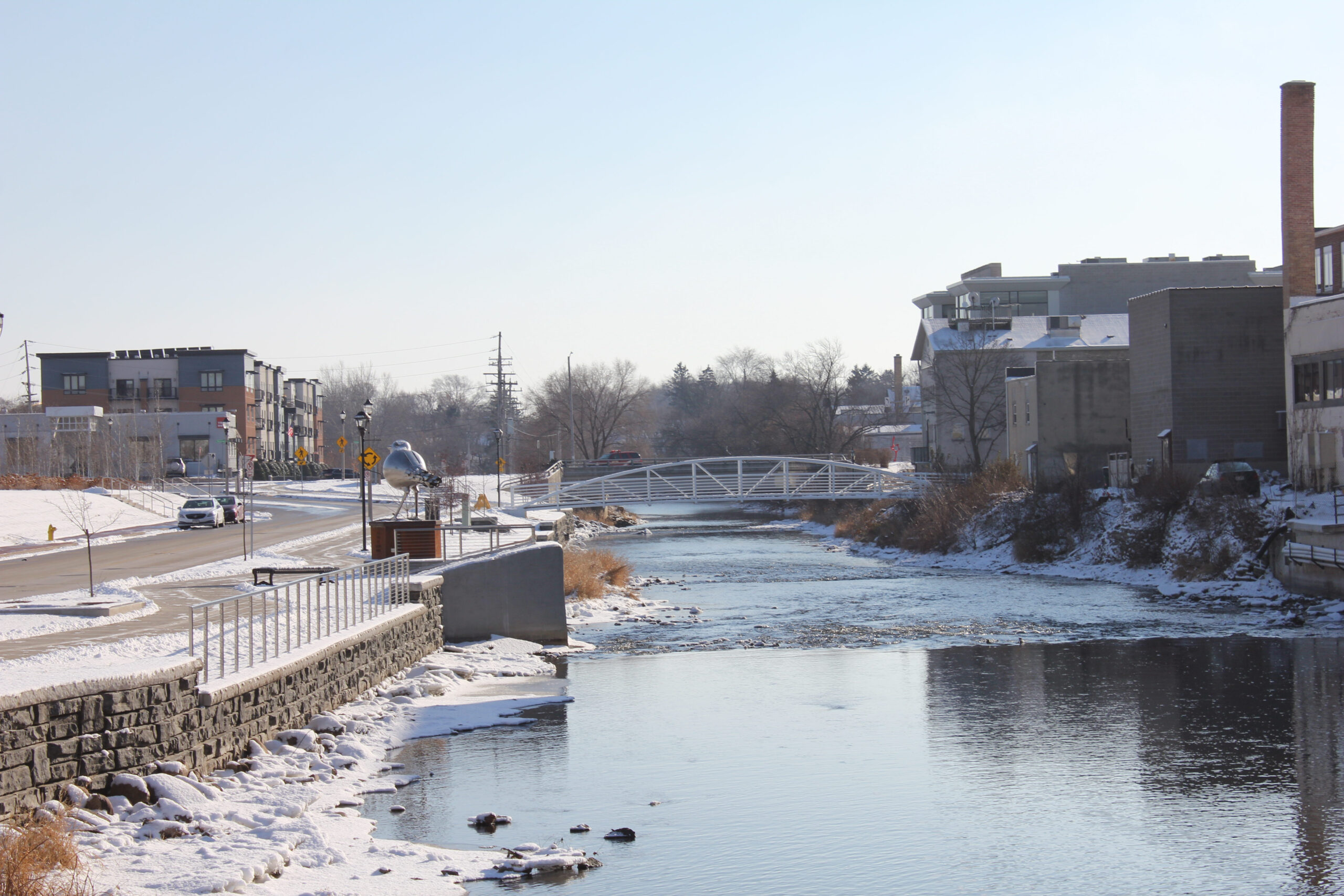River in winter urban landscape