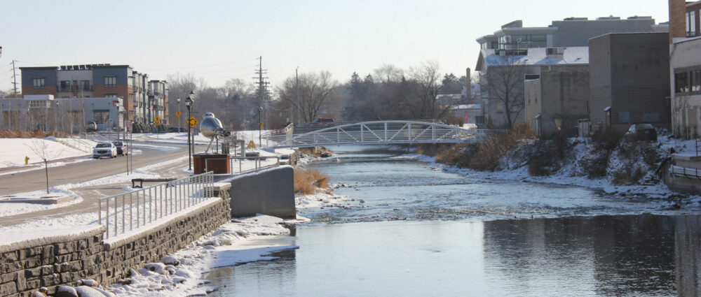 river in winter, urban landscape
